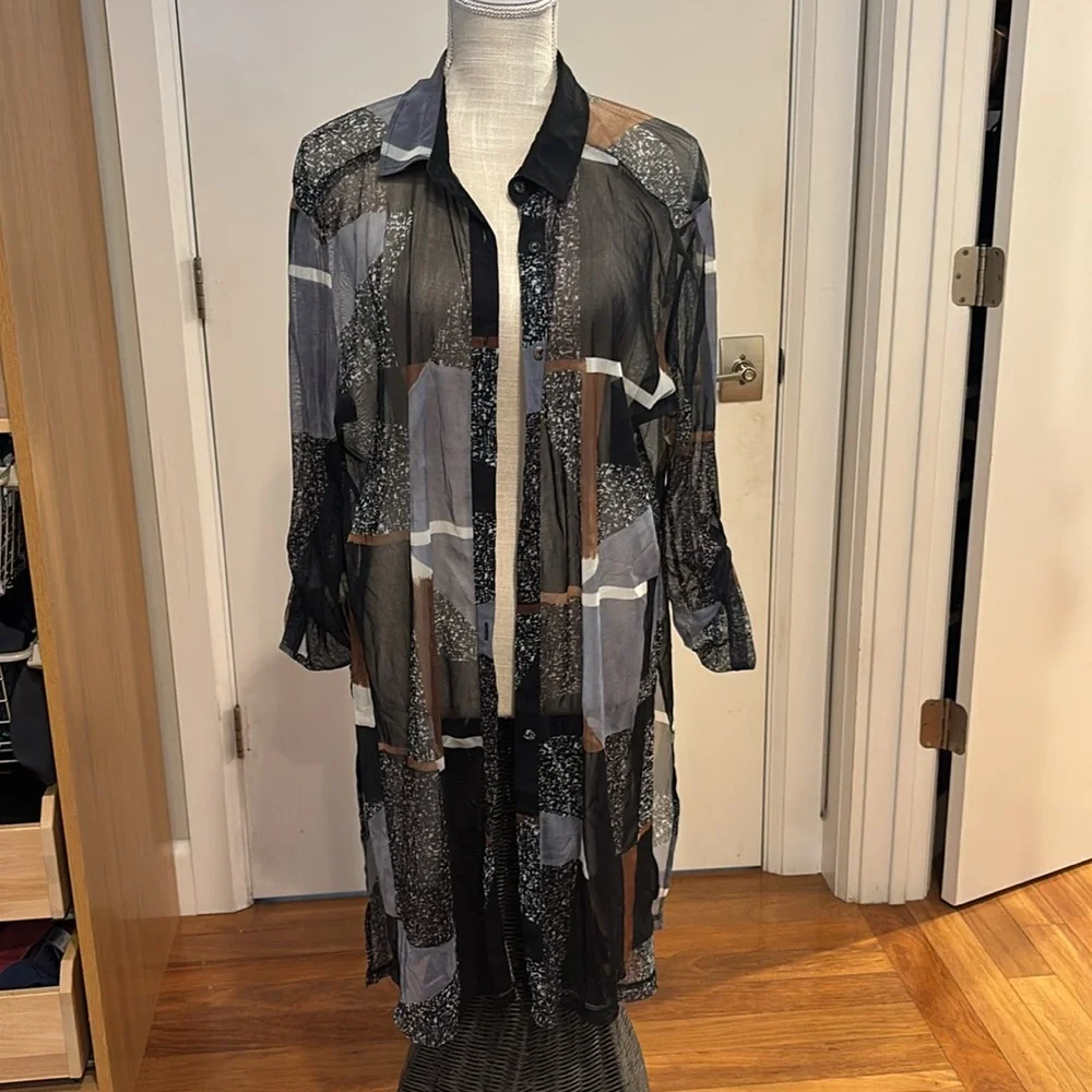 Lynn Ritchie Silver Mesh Sheer Duster Cardigan XL Geometric - Picture 2 of 6
